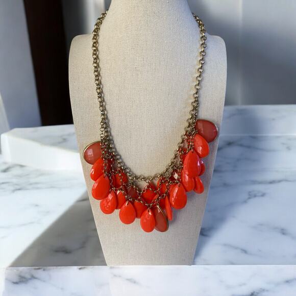 Stunning Orange Red Gold Tear Drop Acrylic Gem Beaded Statement Necklace - Picture 1 of 2